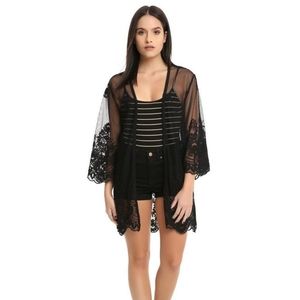 Black Embroidered Floral Skull Kimono